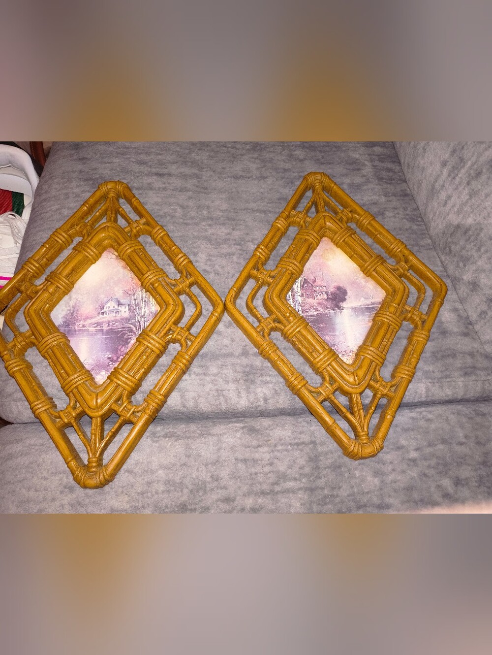 Vintage Handcrafted Brown Rattan Diamond Wall Decor Pair